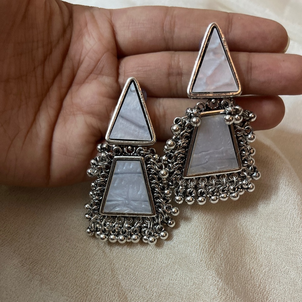 Silver-Plated Geometric Earrings with Mother-of-Pearl Detail - Indian